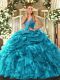 Straps Sleeveless Lace Up Ball Gown Prom Dress Teal Organza