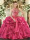 Hot Pink Sleeveless Floor Length Beading and Embroidery and Ruffles Lace Up Quinceanera Gowns