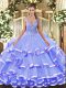 Floor Length Lace Up Vestidos de Quinceanera Lavender for Military Ball and Sweet 16 and Quinceanera with Beading and Ruffled Layers