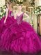Ideal Fuchsia Ball Gowns V-neck Sleeveless Organza Floor Length Lace Up Beading and Ruffles Quinceanera Gowns