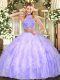 Graceful Tulle Halter Top Sleeveless Criss Cross Beading and Ruffles 15 Quinceanera Dress in Lavender