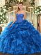 Amazing Sleeveless Floor Length Beading and Ruffles and Pick Ups Lace Up Quinceanera Dresses with Blue