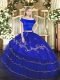 Amazing Organza and Taffeta Off The Shoulder Short Sleeves Zipper Embroidery and Ruffled Layers Vestidos de Quinceanera in Royal Blue