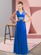Free and Easy Empire Prom Dress Blue V-neck Chiffon Sleeveless Floor Length Lace Up