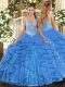 Baby Blue Tulle Lace Up Straps Sleeveless Floor Length 15 Quinceanera Dress Beading and Ruffles