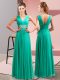 Extravagant V-neck Sleeveless Prom Evening Gown Floor Length Beading and Ruching Turquoise Chiffon