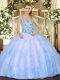 Floor Length Baby Blue Sweet 16 Quinceanera Dress Organza Sleeveless Beading and Ruffles