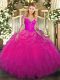 High Class Long Sleeves Floor Length Lace and Ruffles Lace Up Vestidos de Quinceanera with Fuchsia