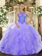 Decent Lavender Ball Gowns High-neck Sleeveless Organza Floor Length Lace Up Beading and Ruffles 15 Quinceanera Dress