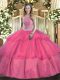 Hot Pink Lace Up Sweet 16 Dresses Beading and Ruffled Layers Sleeveless Floor Length