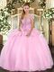 Most Popular Baby Pink Lace Up Quinceanera Dress Appliques Sleeveless Floor Length