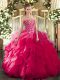 Popular Hot Pink Ball Gowns Embroidery Quinceanera Gowns Lace Up Organza and Printed Sleeveless Floor Length