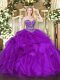 Ball Gowns 15th Birthday Dress Eggplant Purple Sweetheart Organza Sleeveless Floor Length Lace Up