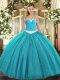 Free and Easy Teal Ball Gowns Sweetheart Sleeveless Tulle Floor Length Lace Up Appliques Sweet 16 Dresses