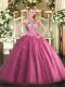 Nice Hot Pink Lace Up Halter Top Lace and Appliques Quinceanera Gowns Tulle Sleeveless