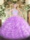 Luxury Lilac Tulle Zipper Scoop Sleeveless Sweet 16 Quinceanera Dress Brush Train Lace and Ruffles