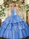 Discount Floor Length Lace Up Quince Ball Gowns Baby Blue for Military Ball and Sweet 16 and Quinceanera with Beading and Ruffled Layers