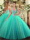 Tulle Sleeveless Floor Length Quinceanera Gowns and Beading