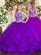 Purple Scoop Neckline Beading and Ruffles 15th Birthday Dress Sleeveless Lace Up