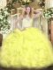 Yellow Organza Zipper Scoop Sleeveless Floor Length Sweet 16 Dress Lace and Ruffles