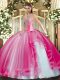 Super Hot Pink Ball Gowns Beading and Ruffles Sweet 16 Quinceanera Dress Lace Up Tulle Sleeveless Floor Length