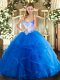 Blue Sleeveless Tulle Lace Up Sweet 16 Dresses for Military Ball and Sweet 16 and Quinceanera