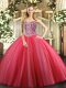 Tulle Sweetheart Sleeveless Lace Up Beading Quinceanera Gown in Coral Red