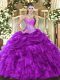 Hot Selling Eggplant Purple Organza Lace Up Quinceanera Gown Sleeveless Floor Length Beading and Ruffles and Pick Ups