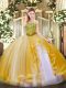 Decent Strapless Sleeveless Quinceanera Dresses Floor Length Beading and Ruffles Gold Tulle
