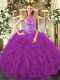 Purple Sweet 16 Dresses Sweet 16 and Quinceanera with Beading and Ruffles Halter Top Sleeveless Lace Up