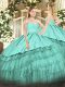 Turquoise Sweetheart Neckline Beading and Lace and Embroidery and Ruffled Layers Vestidos de Quinceanera Sleeveless Zipper