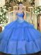 Artistic Floor Length Lace Up Quince Ball Gowns Blue for Military Ball and Sweet 16 and Quinceanera with Beading and Ruffled Layers
