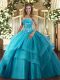 Low Price Sleeveless Floor Length Beading and Ruffled Layers Lace Up Vestidos de Quinceanera with Teal