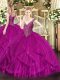 Fashion Floor Length Fuchsia Quinceanera Gowns Tulle Sleeveless Beading and Ruffles