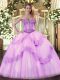 Lilac Lace Up Ball Gown Prom Dress Beading Sleeveless Floor Length