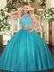 Two Pieces Sweet 16 Dresses Aqua Blue Halter Top Tulle Sleeveless Floor Length Criss Cross