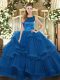 Glamorous Sleeveless Tulle Floor Length Lace Up Quinceanera Dress in Blue with Ruffles