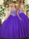 Fabulous Purple Tulle Lace Up 15 Quinceanera Dress Sleeveless Floor Length Beading