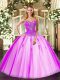 Vintage Fuchsia Tulle Lace Up Vestidos de Quinceanera Sleeveless Beading
