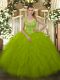 Custom Fit Sleeveless Tulle Floor Length Zipper 15th Birthday Dress in Olive Green with Beading and Ruffles