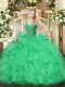 Green Ball Gown Prom Dress Military Ball and Sweet 16 and Quinceanera with Beading and Ruffles V-neck Sleeveless Lace Up