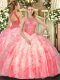 Romantic High-neck Sleeveless Sweet 16 Dress Floor Length Beading and Ruffles Watermelon Red Organza
