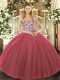 Fabulous Fuchsia Tulle Lace Up 15th Birthday Dress Sleeveless Floor Length Beading and Appliques