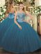 Sleeveless Floor Length Beading Lace Up Quince Ball Gowns with Teal Sleeveless Floor Length Beading Lace Up Quince Ball Gowns with Teal