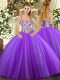 Lavender Sleeveless Floor Length Beading and Appliques Lace Up Quinceanera Dress