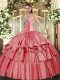 Floor Length Lace Up Ball Gown Prom Dress Coral Red for Military Ball and Sweet 16 and Quinceanera with Beading and Ruffled Layers