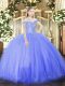 Luxurious Off The Shoulder Sleeveless Ball Gown Prom Dress Floor Length Beading Blue Tulle