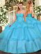 Best Selling Sweetheart Sleeveless Lace Up Quinceanera Gowns Aqua Blue Tulle