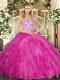 Fashionable Ball Gowns Quince Ball Gowns Fuchsia Straps Tulle Sleeveless Floor Length Lace Up