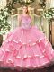 High End Sleeveless Organza Floor Length Zipper Sweet 16 Dress in Rose Pink with Beading and Ruffled Layers